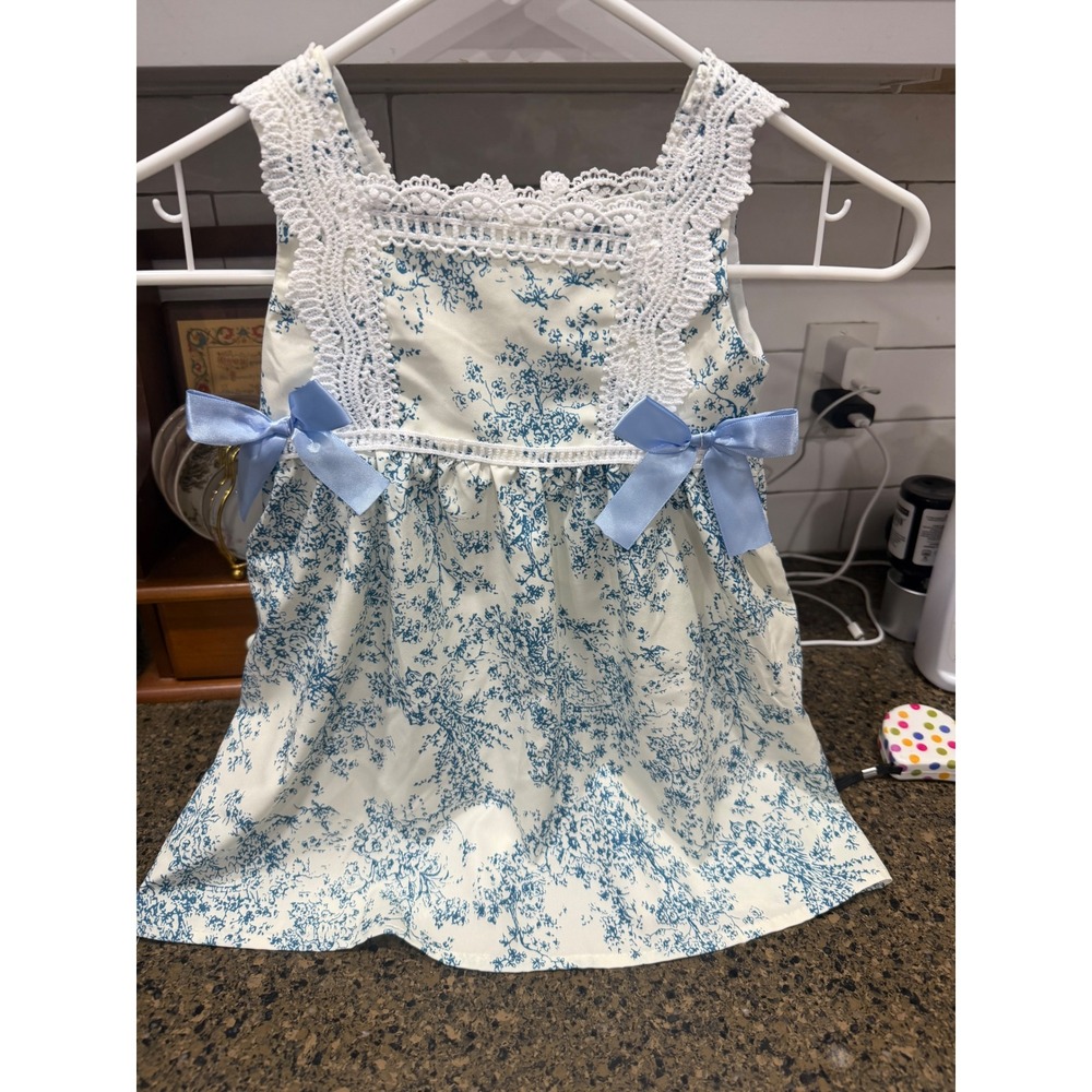 Blue White Toile Floral Crochet Lace Bow Dress Kids handmade unsized